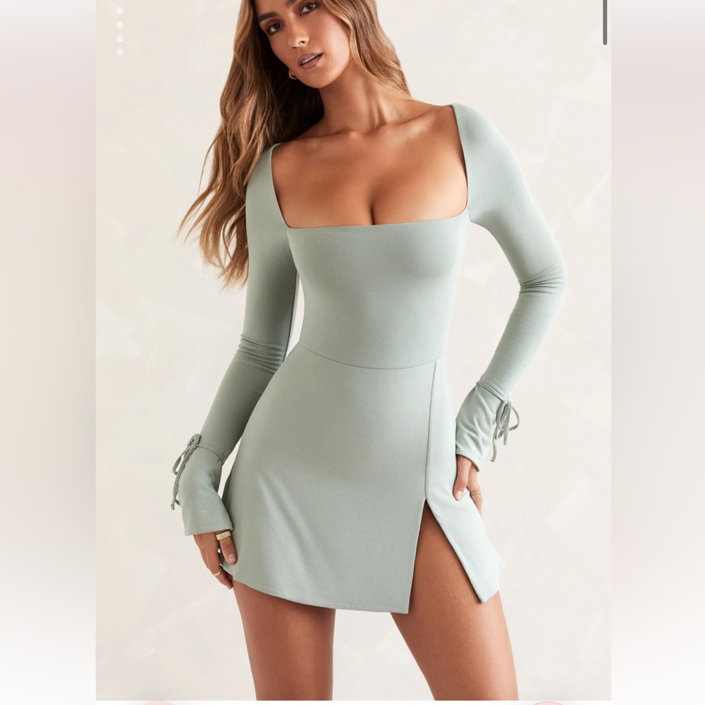 Oh Polly Baize Square Neck Long Sleeve Mini Dress